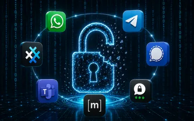 Logos von den Messenger-Diensten WhatsApp, Teams, Signal, Matrix, Threema, Telegram und SimpleX, sowie ein offenes Schloss